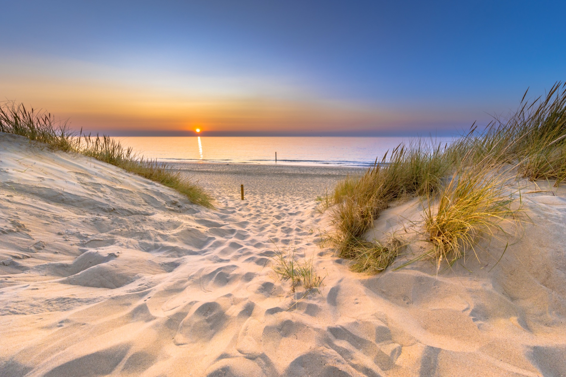 Duinpad naar het strand op de Waddeneilanden bij zonsondergang
